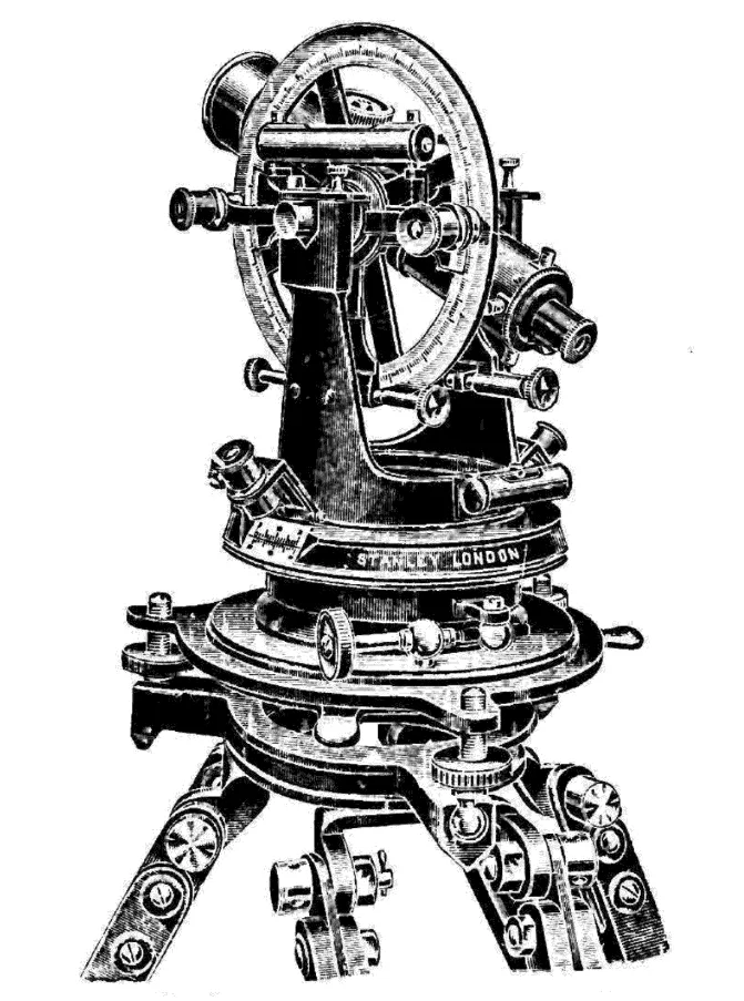 Illustration of a Stanley London Underground Theodolite – a precision instrument used for underground surveying, featuring a robust design for stability and accuracy in confined spaces.