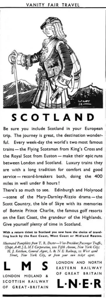 A 1923 advertisement for L.M.S. promoting scenic train journeys across Scotland, featuring famous services like the Flying Scotsman and the Royal Scot.