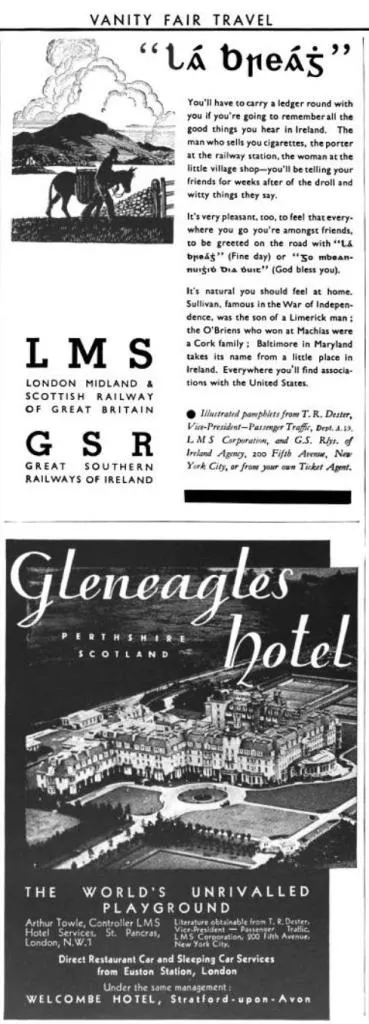 An early 1923 Vanity Fair Travel ad highlighting L.M.S. and Great Southern Railways of Ireland, encouraging travel to historic sites.