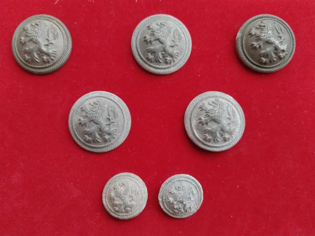 A set of 7 vintage Bulgarian Army officer uniform buttons from around 1930, featuring the crowned lion emblem of the Third Bulgarian Kingdom.