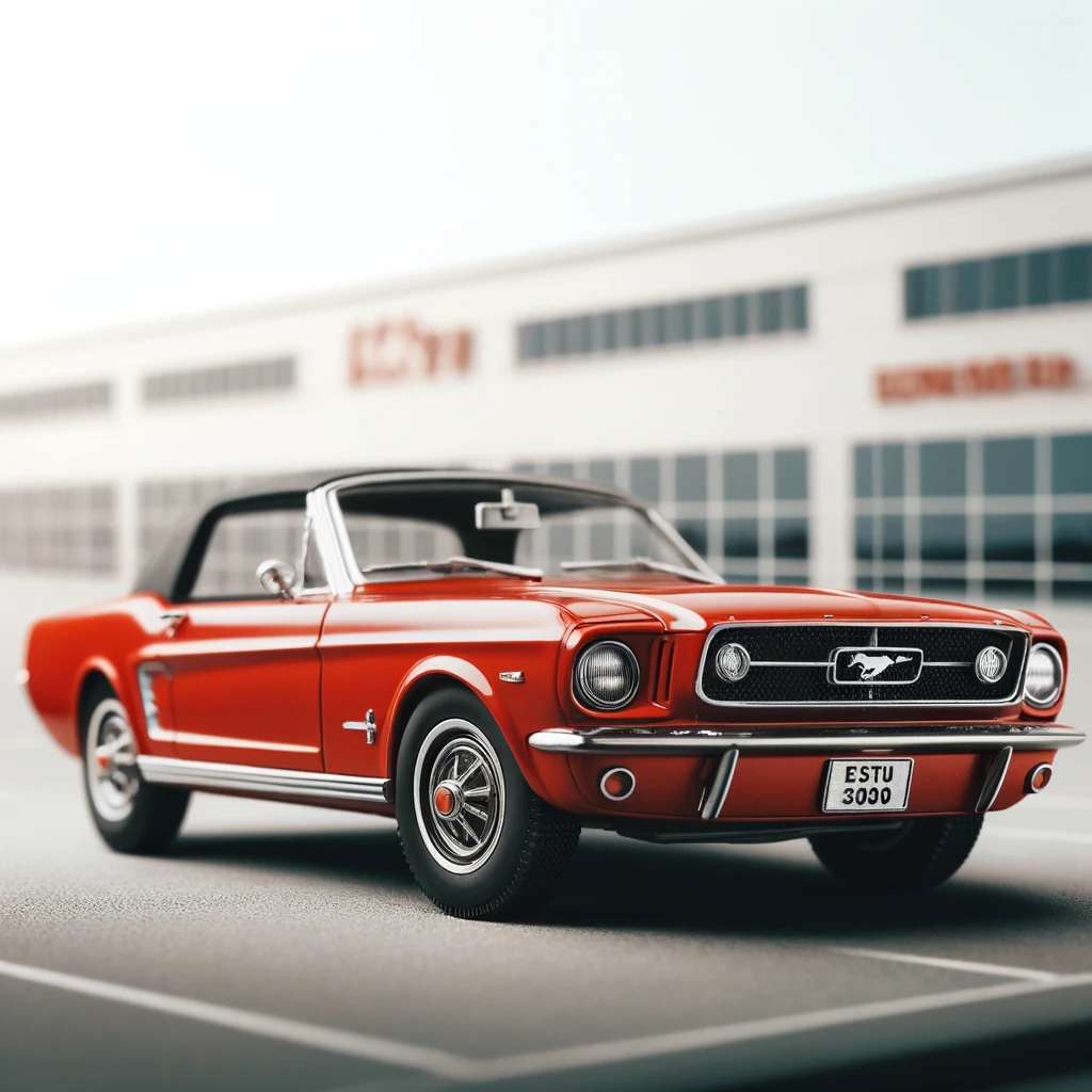 Ein detailliertes Bild eines klassischen roten Ford Mustang aus den 1960er Jahren, geparkt im Freien mit einem sauberen Hintergrund. Das Auto ist in einwandfreiem Zustand und zeigt sein ikonisches Design und glänzendes Äußeres.
