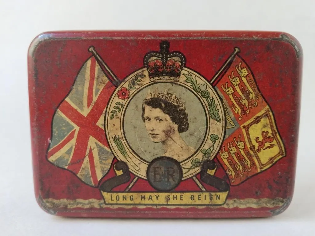 A vintage OXO tin box commemorating the coronation of Queen Elizabeth II in 1953.