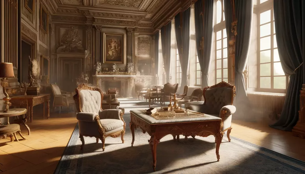 Ein königlicher Saal mit antiken Sesseln, einem alten Holztisch mit Marmorplatte und Vorhängen an den Fenstern. Die Szene umfasst ein antikes Möbelstück und einen antiken Kamin.
