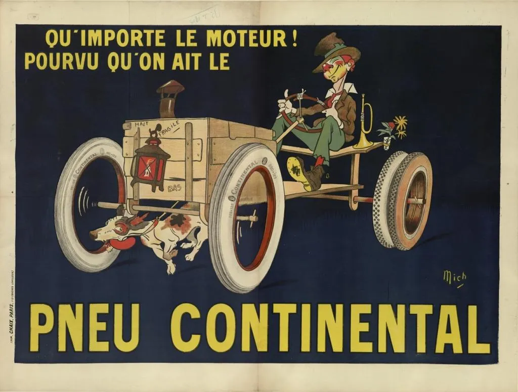 A humorous 1906 advertising poster by Michel Liebeaux, showcasing Continental tires.