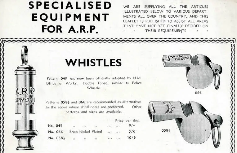 An Acme Thunderer ad from World War II, showing its use in Air Raid Precautions (ARP).