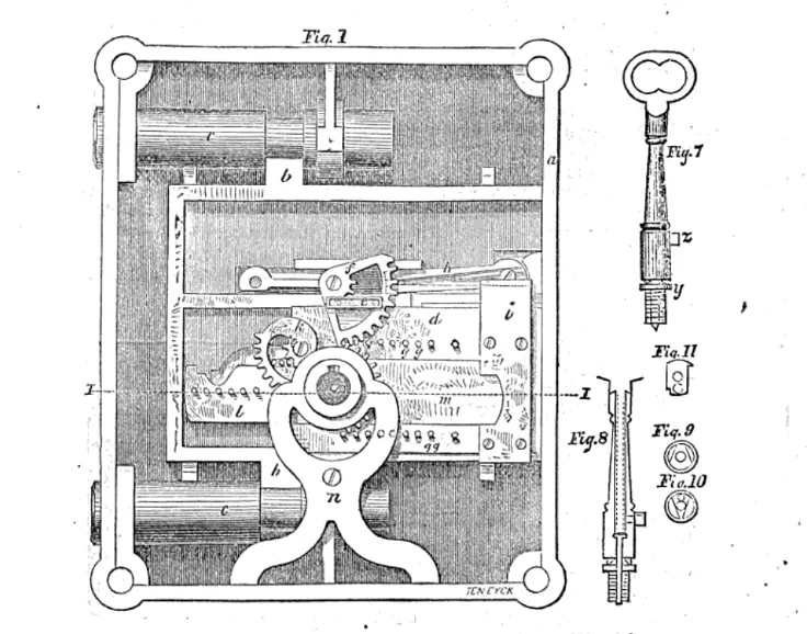 Patentzeichnung eines Yale-Schlossmechanismus, die die internen Komponenten und das Schlüsseldesign zeigt, das die moderne Sicherheitstechnik revolutionierte.